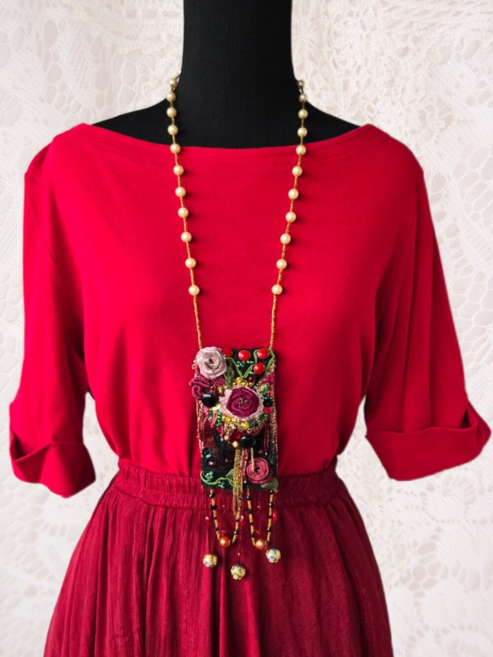 Handmade Red Rose and Bejeweled Ornate Pouch Necklace 1920's-Style